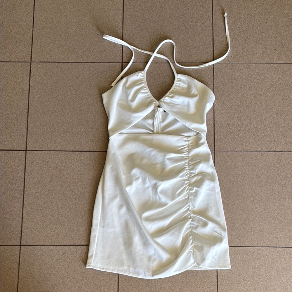 Zara White Ruched Halter Sundress